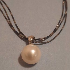 Sterling Silver 11-12 mm white round pearl drop on triple chain 18 in